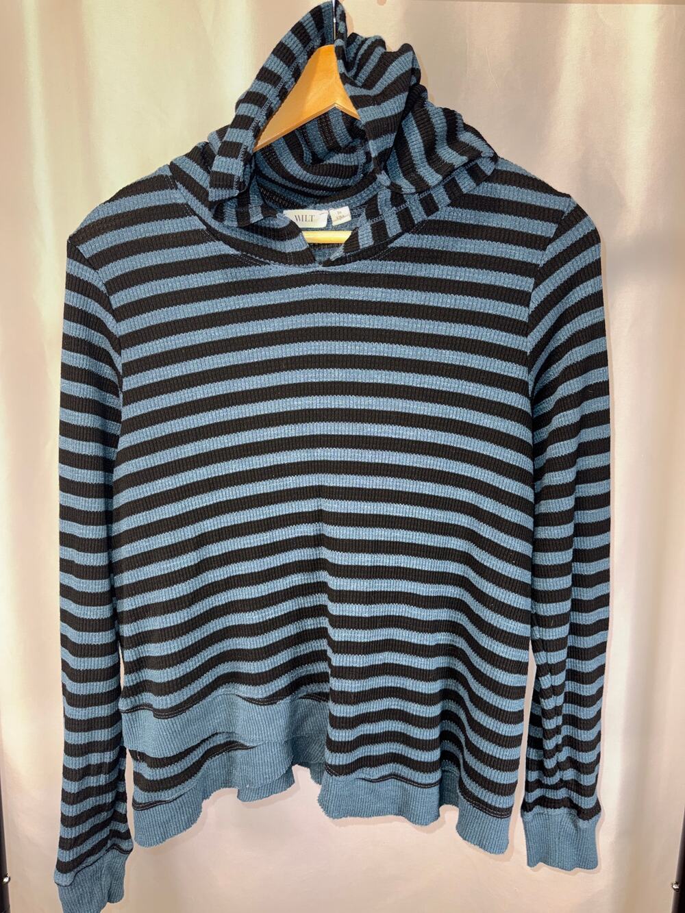 WILT Women’s Size L Blue Black Striped Hooded Sweater Asymmetrical Hem